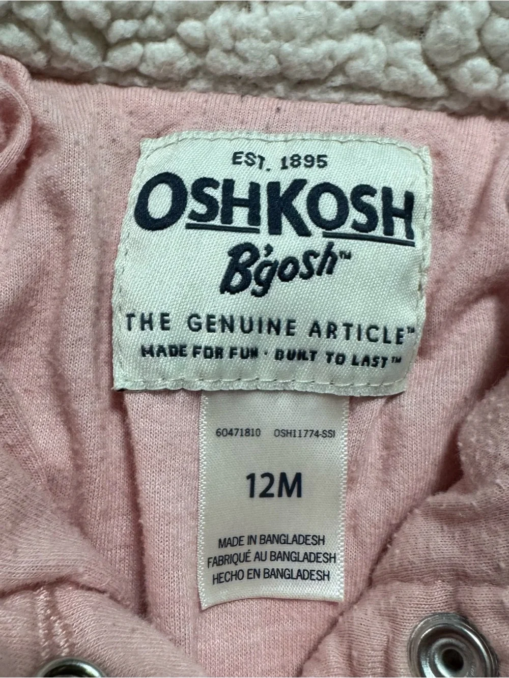 OshKosh B'gosh Baby Girl Pink Corduroy Sherpa Collar Jacket 12 Months